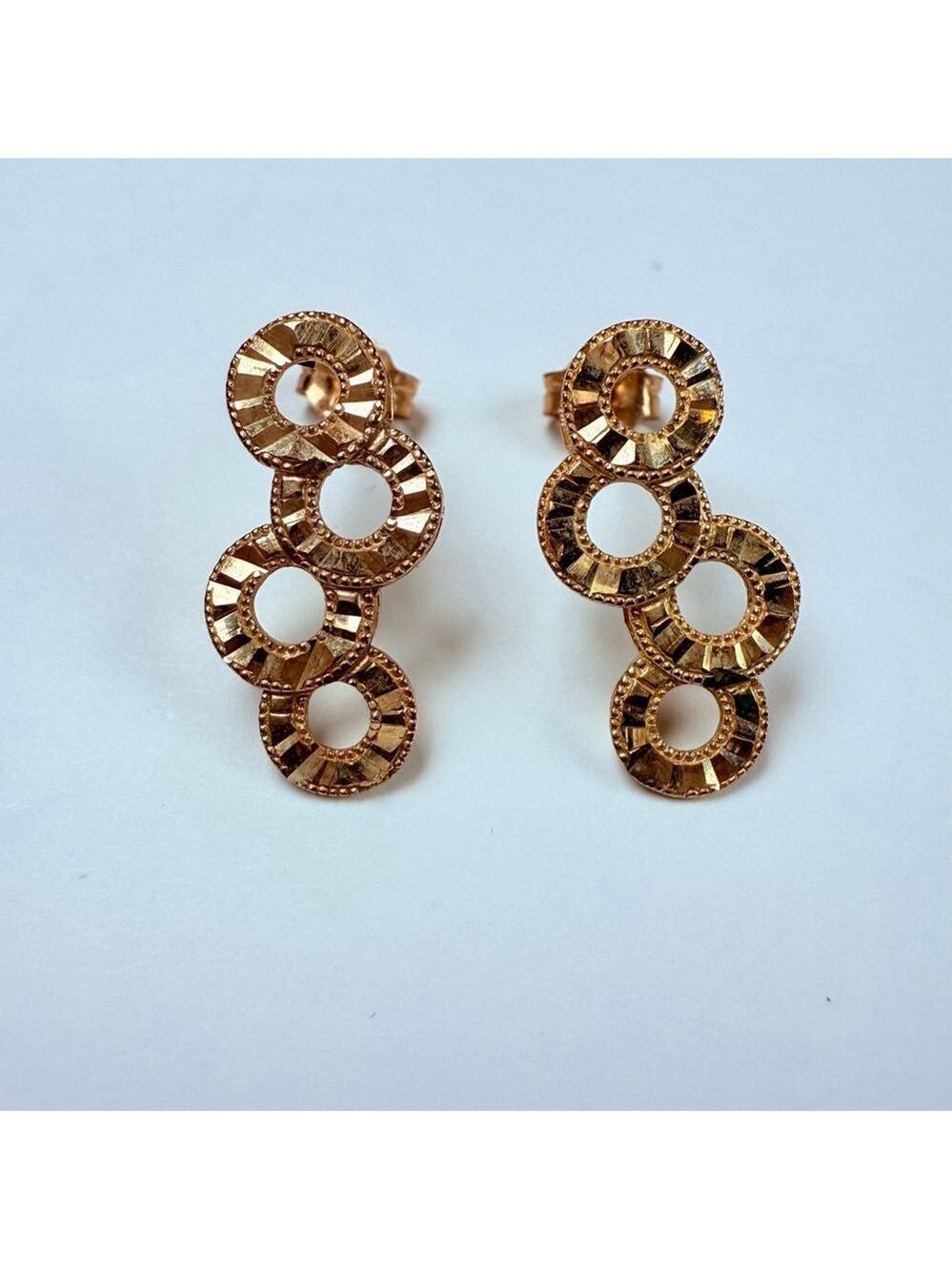 Estate 10k Solid Yellow Gold Diamond Etched Four Ring Circles Hoop Stud Earrings